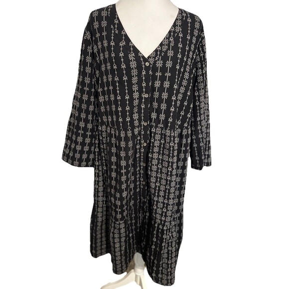 Pure Jill Elements Tiered Midi Dress XL Button Front Black Gray Cottage - Picture 1 of 9